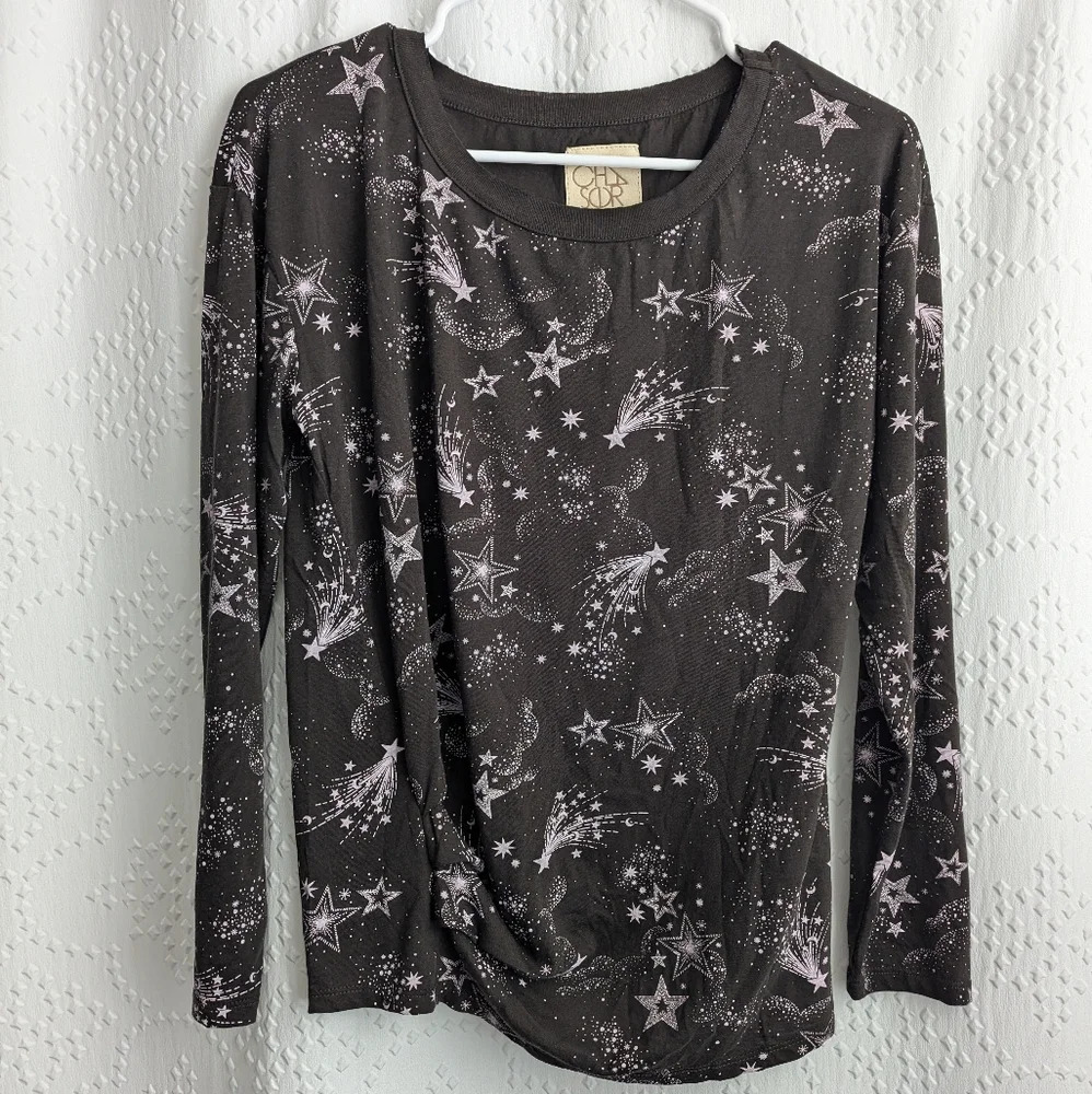 Chaser Women's Long Sleeve Stars and Galaxy Vintage Wash NWT Ruching 20"‎ PTP